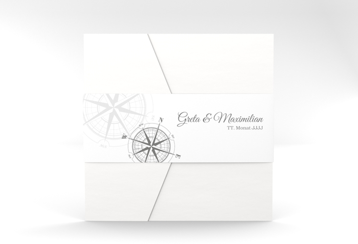 Hochzeitseinladung Windrose Pocketfold grau hochglanz