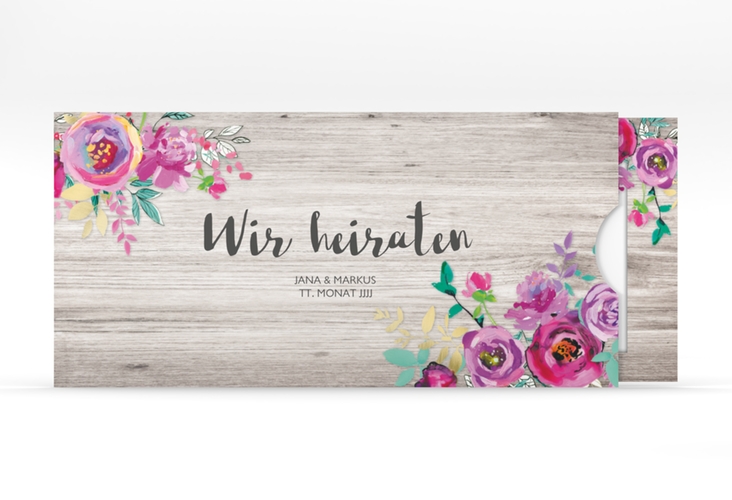Hochzeitseinladung Flourish Einsteckkarte weiss mit floraler Bauernmalerei auf Holz