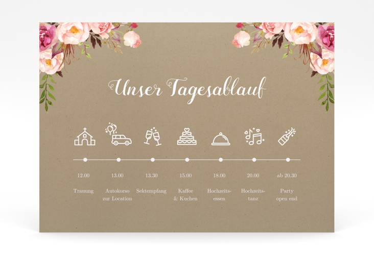 Tagesablauf Poster Hochzeit Flowers 70 x 50 cm Poster Kraftpapier mit bunten Aquarell-Blumen