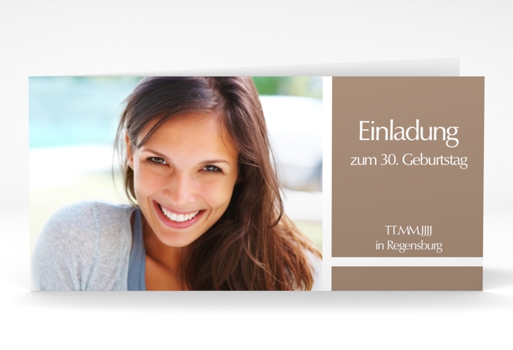 Einladung 30. Geburtstag Gerd/Gerda lange Klappkarte quer braun mit Foto