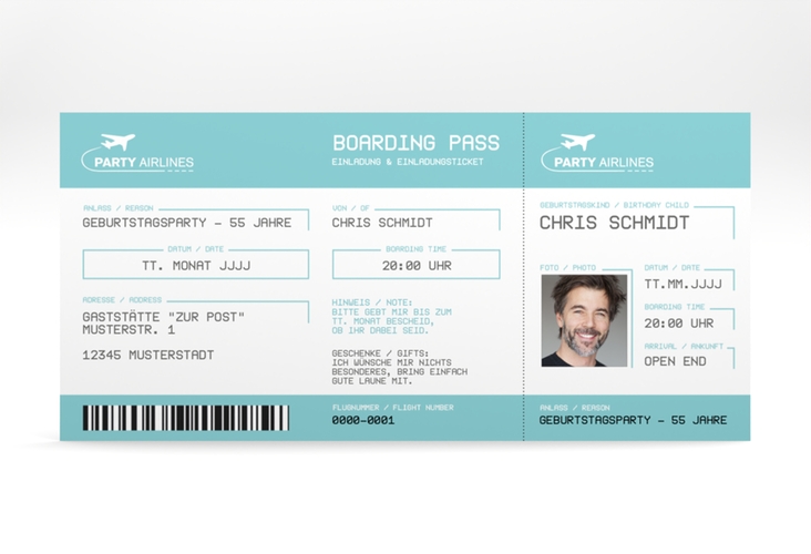 Einladung Geburtstag Boardingpass lange Karte quer