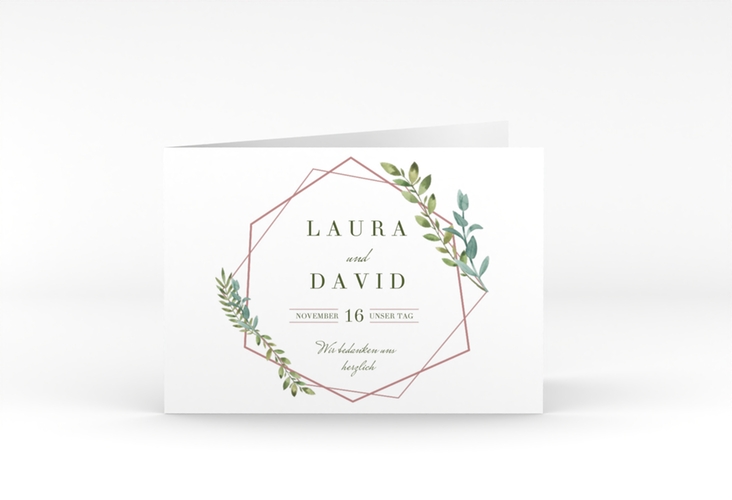 Danksagungskarte Hochzeit Herbarium A6 Klappkarte quer rosa hochglanz mit geometrischem Rahmen und Blätter-Dekor