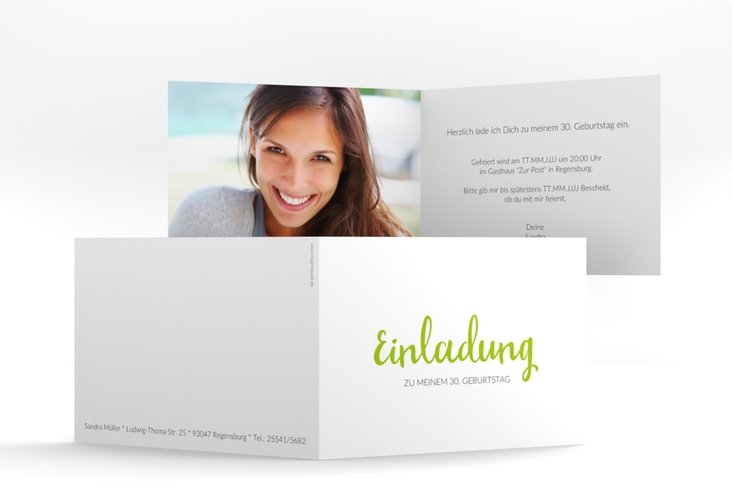 Einladung Geburtstag Handwriting A6 Klappkarte quer gruen