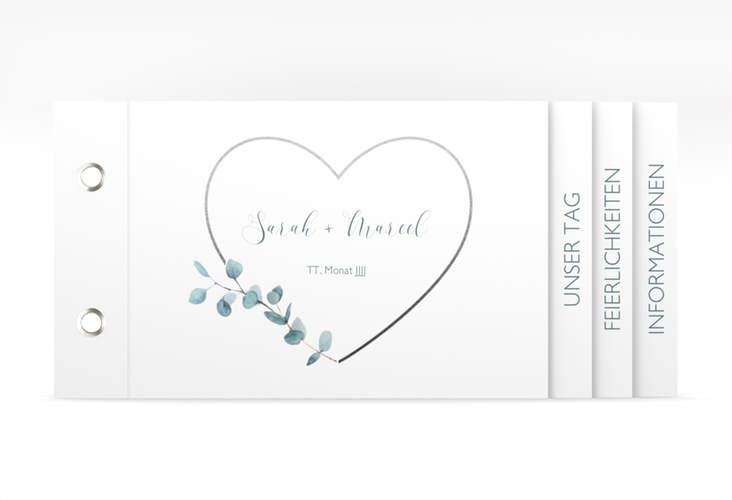 Hochzeitseinladung Greenheart Booklet grau mit elegantem Herz und Eukalyptus-Zweig