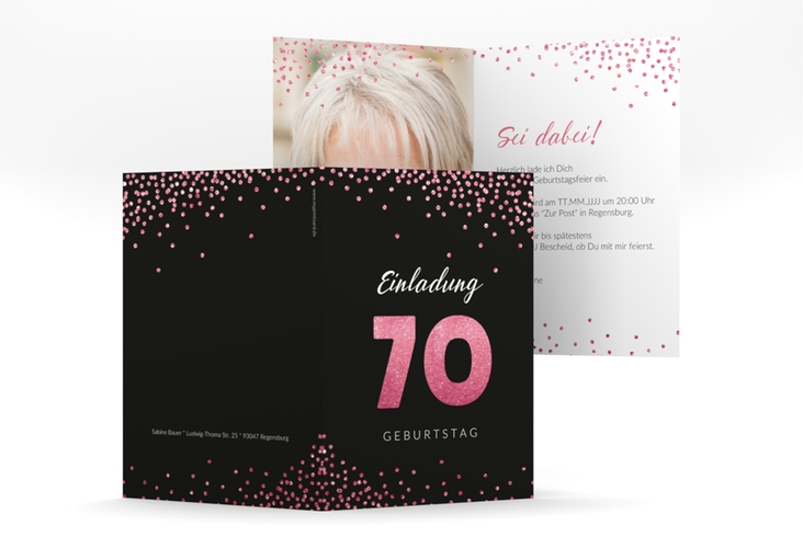 Einladung 70. Geburtstag Glitzer A6 Klappkarte hoch pink