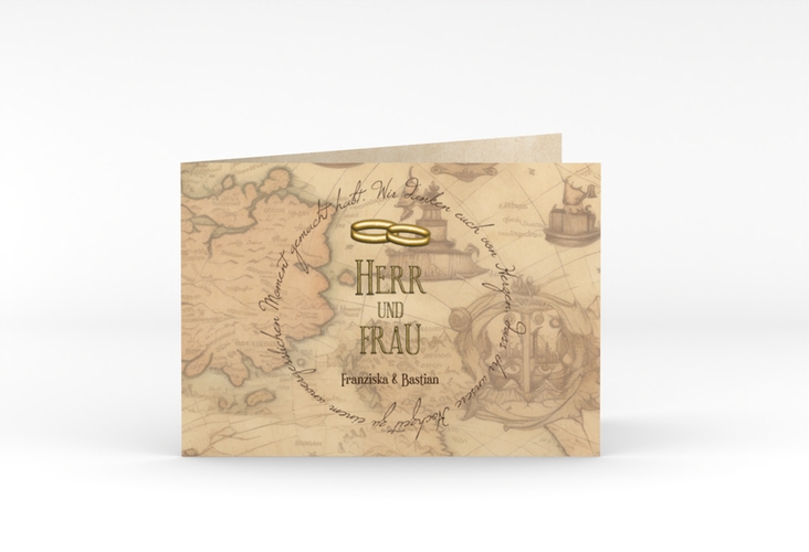 Danksagungskarte Hochzeit Zwei Ringe A6 Klappkarte quer mit Eheringen und Fantasy-Landkarte