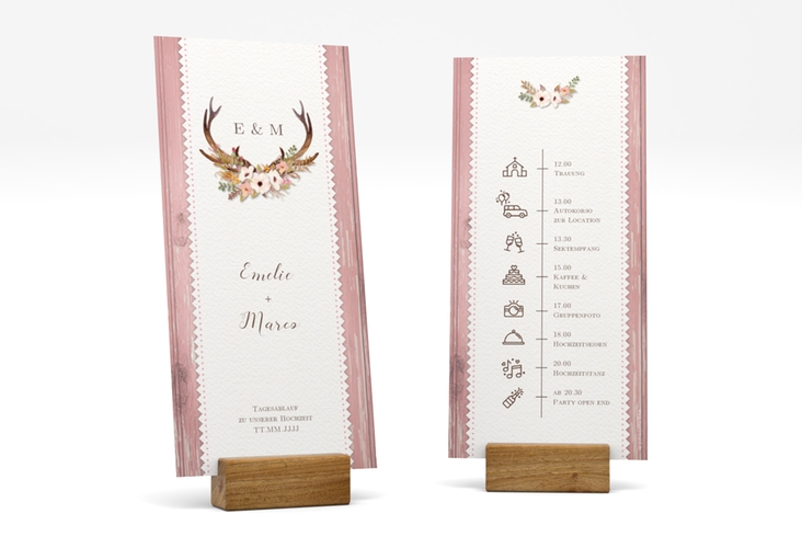 Tagesablauf Hochzeit Heimatjuwel lange Karte hoch rosa mit Hirschgeweih und Holz-Hintergrund