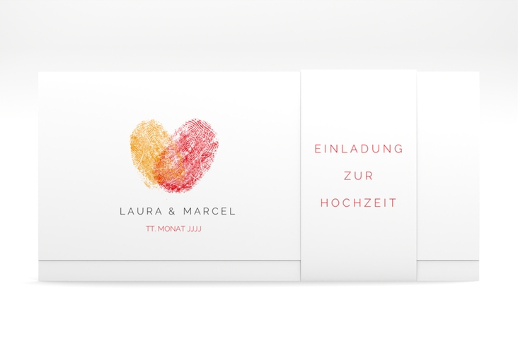 Hochzeitseinladung Fingerprint Wickelfalzkarte + Banderole rot hochglanz schlicht mit Fingerabdruck-Motiv