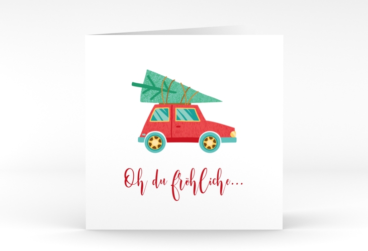 Geschäftliche Weihnachtskarte Weihnachtslust quadr. Klappkarte weiss humorvoll mit Weihnachtsbaum auf Auto