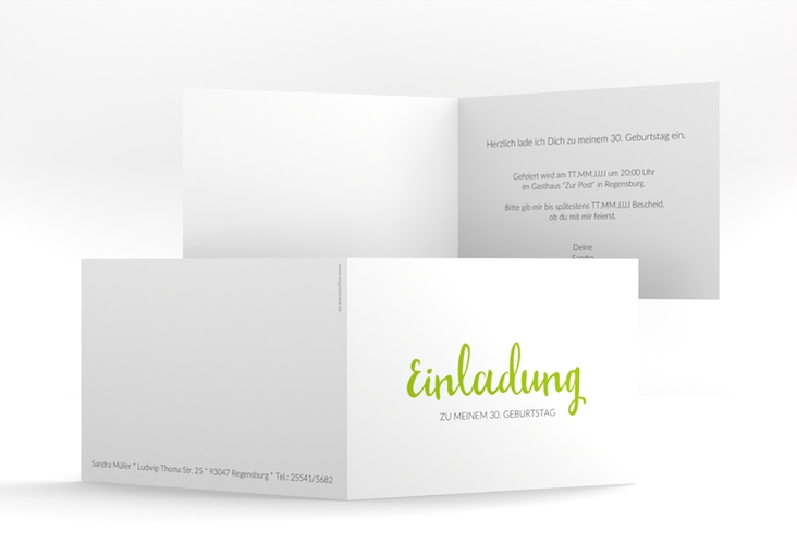 Einladung Geburtstag Handwriting A6 Klappkarte quer gruen