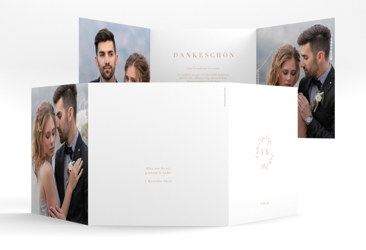 Dankeskarte Hochzeit Filigrana quadr. Doppel-Klappkarte beige in reduziertem Design mit Initialen und zartem Blätterkranz