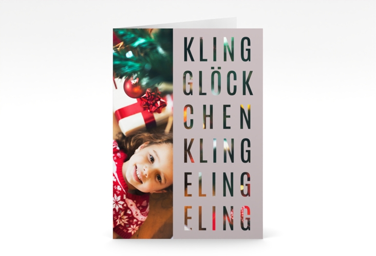 Weihnachtskarte Klingeling A6 Klappkarte hoch grau hochglanz