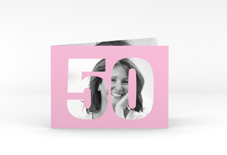 Einladung 50. Geburtstag Numbers A6 Klappkarte quer rosa hochglanz