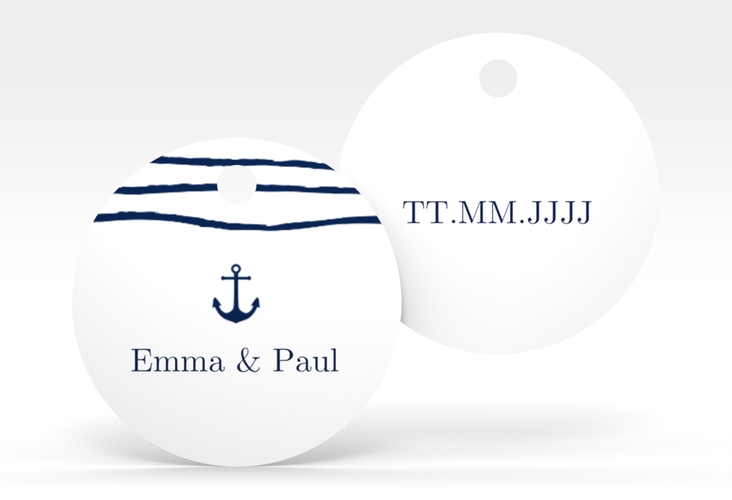 Geschenkanhänger Hochzeit Liebesanker Geschenkanhänger, rund blau mit maritimem Streifenmuster und kleinem Anker
