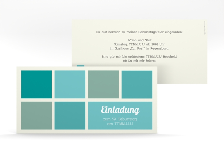 Einladung 50. Geburtstag Daniel/Daniela lange Karte quer tuerkis in Retro-Farben