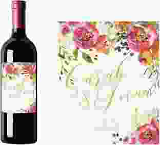 Weinetikett zur Hochzeit "Flowerbomb" Etikett Weinflasche 4er Set beige