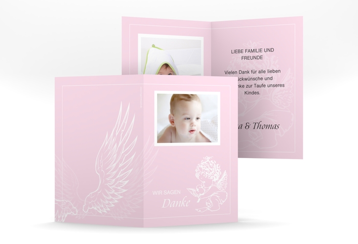 Dankeskarte Taufe Angel A6 Klappkarte hoch rosa hochglanz