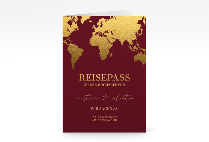 Einladungskarte Hochzeit Traumziel A6 Klappkarte hoch im Reisepass-Design