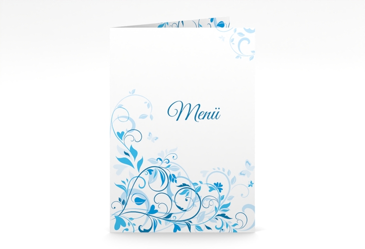 Menükarte Hochzeit Lilly A5 Klappkarte hoch blau hochglanz