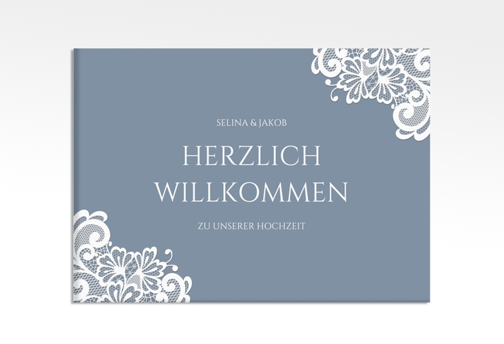 Willkommensschild Leinwand Vintage 70 x 50 cm Leinwand blau mit floraler Spitze