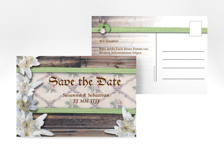 Save the Date-Postkarte Bayern A6 Postkarte gruen mit Edelweiß in rustikaler Holz-Optik