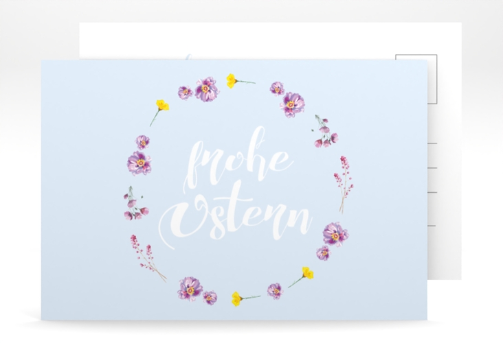 Osterkarte Fiorellino A6 Postkarte blau hochglanz Pastell mit Blumenkranz