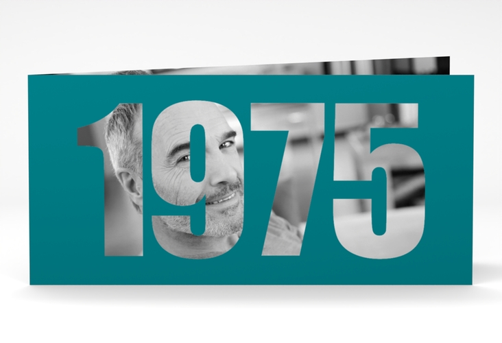 Einladungskarte Jahreszahl 2025 lange Klappkarte quer tuerkis hochglanz