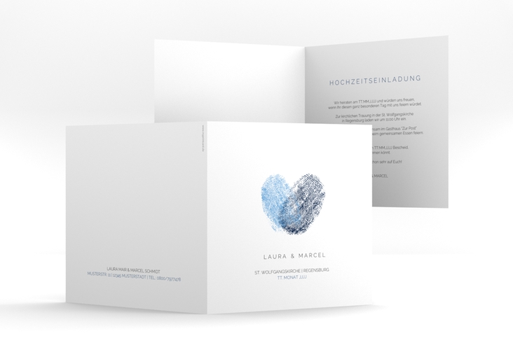 Hochzeitseinladung Fingerprint quadr. Klappkarte blau schlicht mit Fingerabdruck-Motiv