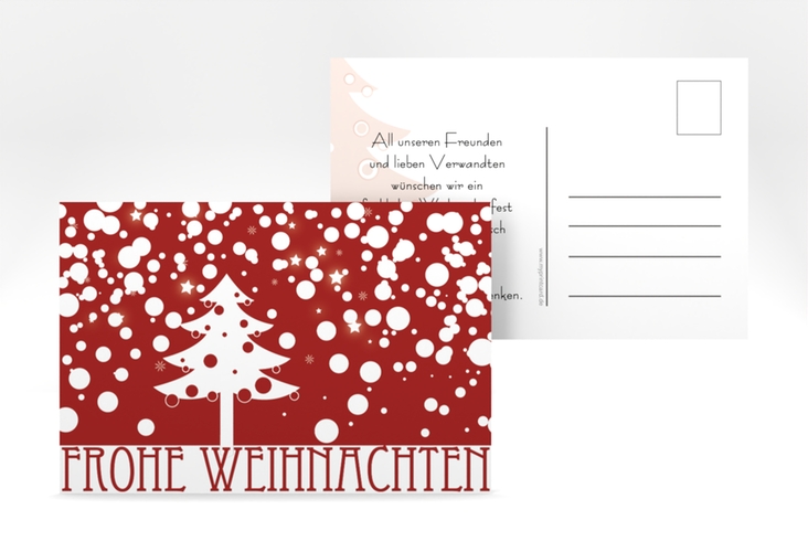 Weihnachtskarte Wishes A6 Postkarte rot hochglanz mit Winterlandschaft und Art Déco Schriftzug