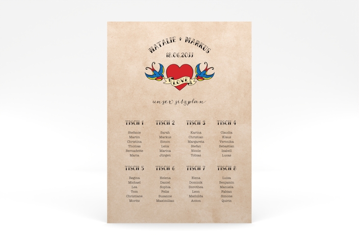 Sitzplan Poster Hochzeit Tattoo 50 x 70 cm Poster mit Herz und zwei Schwalben