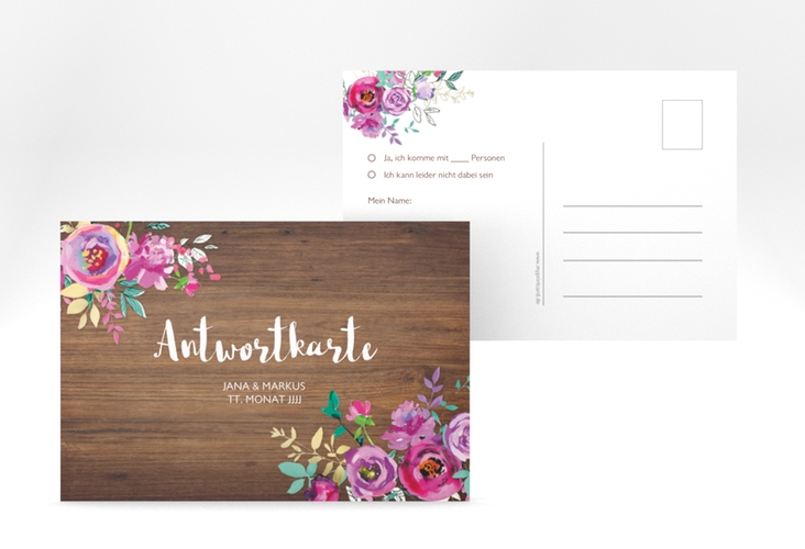 Antwortkarte Hochzeit Flourish A6 Postkarte braun mit floraler Bauernmalerei auf Holz
