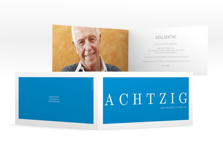 Einladung 80. Geburtstag Schlicht lange Klappkarte quer blau