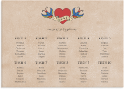 Klick: Details zu Sitzplan Leinwand Hochzeit "Tattoo" anzeigen Sitzplan Leinwand Hochzeit Tattoo 70 x 50 cm Leinwand beige mit Herz und zwei Schwalben