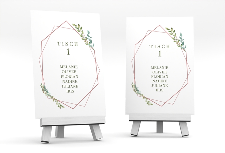 Tischaufsteller Hochzeit Herbarium Tischaufsteller rosa hochglanz mit geometrischem Rahmen und Blätter-Dekor