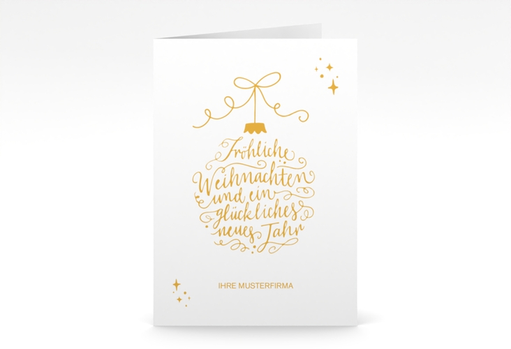 Business-Weihnachtskarte Lichterglanz A6 Klappkarte hoch weiss hochglanz für Firmen, mit Weihnachtskugel-Kalligrafie