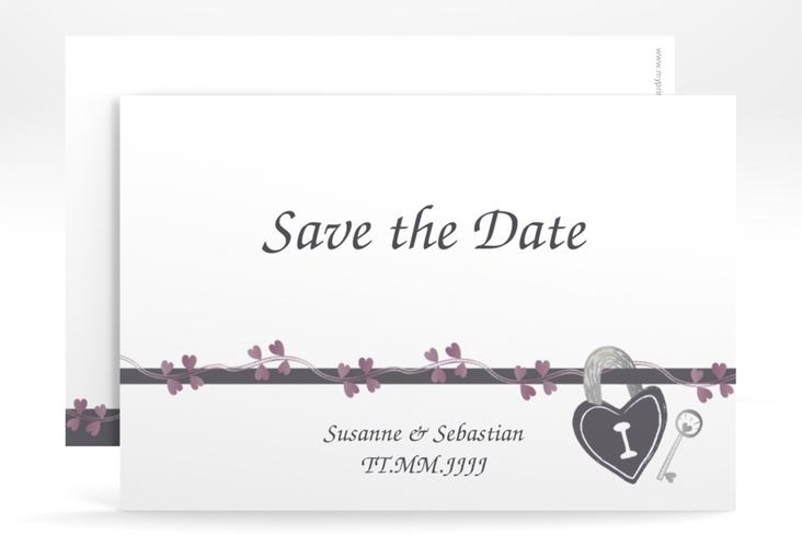 Save the Date-Karte Hochzeit Oviedo A6 Karte quer grau hochglanz mit Schloss und Schlüssel