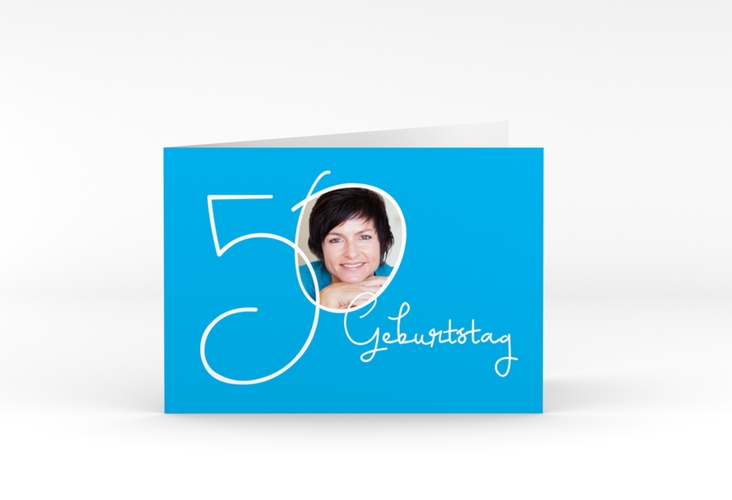 Einladung 50. Geburtstag Swing A6 Klappkarte quer blau