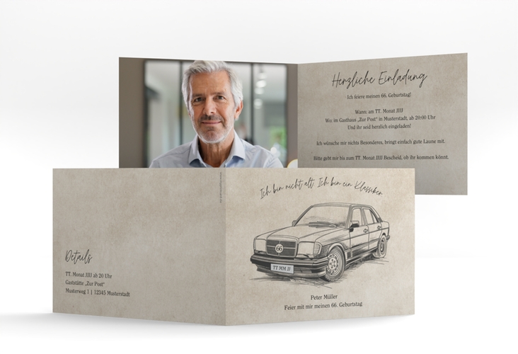Einladung Geburtstag Oldtimer A6 Klappkarte quer beige