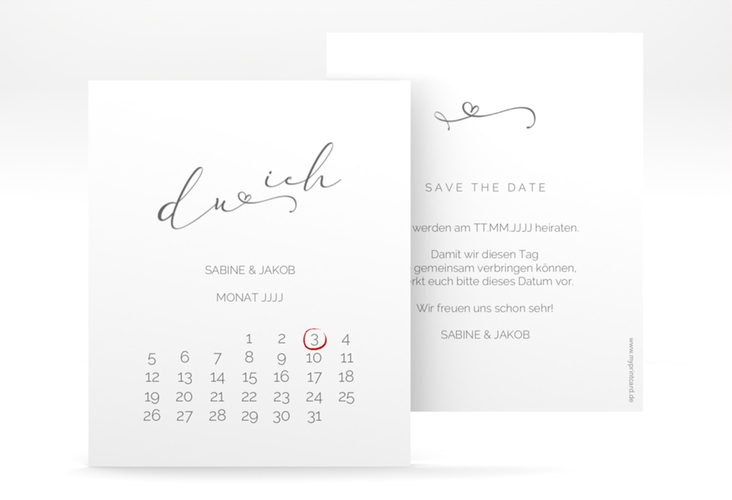 Save the Date-Kalenderblatt Zweisamkeit Kalenderblatt-Karte hochglanz im minimalistischen Stil mit Aufschrift du & ich