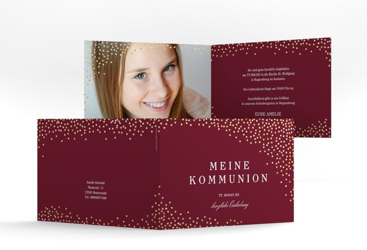 Einladung Kommunion Glanzvoll A6 Klappkarte quer rot hochglanz