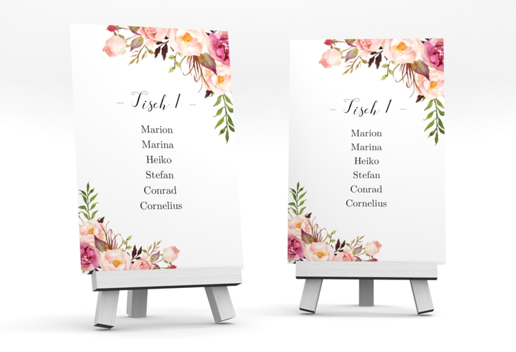Tischaufsteller Hochzeit Flowers Tischaufsteller weiss mit bunten Aquarell-Blumen