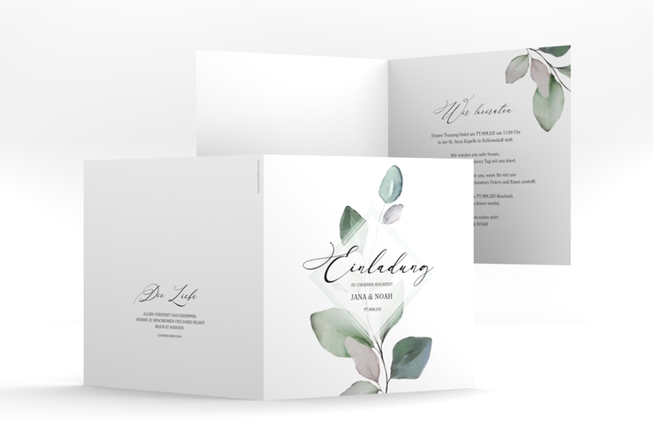 Hochzeitseinladung Foglia quadr. Klappkarte hochglanz edel mit Eukalyptus im Aquarell-Design