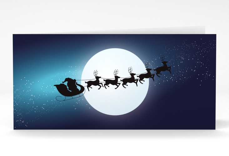 Weihnachtskarte Santa lange Klappkarte quer hochglanz dunkelblau mit fliegendem Rentierschlitten