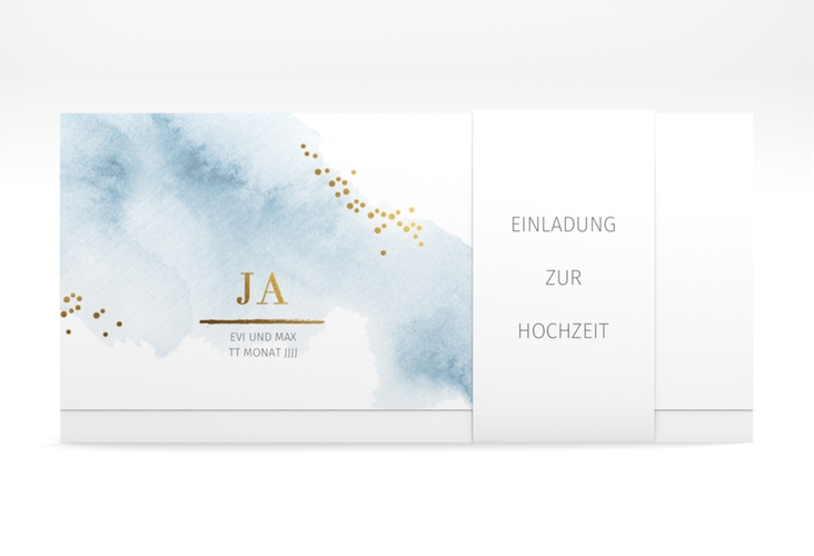 Hochzeitseinladung Pastell Wickelfalzkarte + Banderole blau