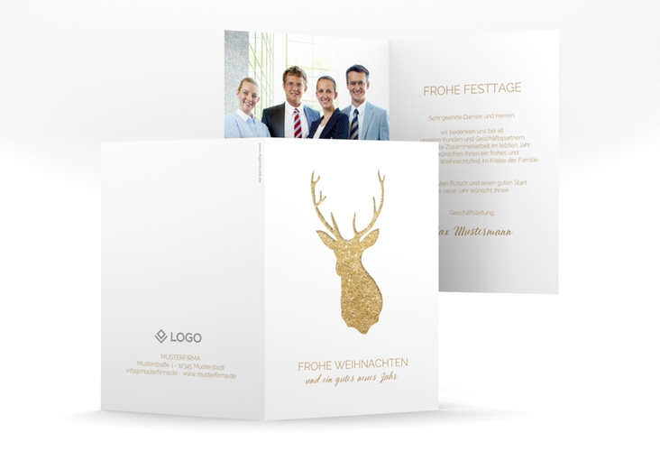 Business-Weihnachtskarte Deer A6 Klappkarte hoch und weiß mit Reh-Kopf