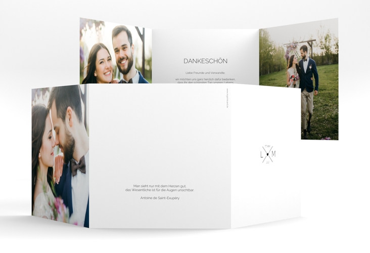 Dankeskarte Hochzeit Initials quadr. Doppel-Klappkarte schwarz mit Initialen im minimalistischen Design