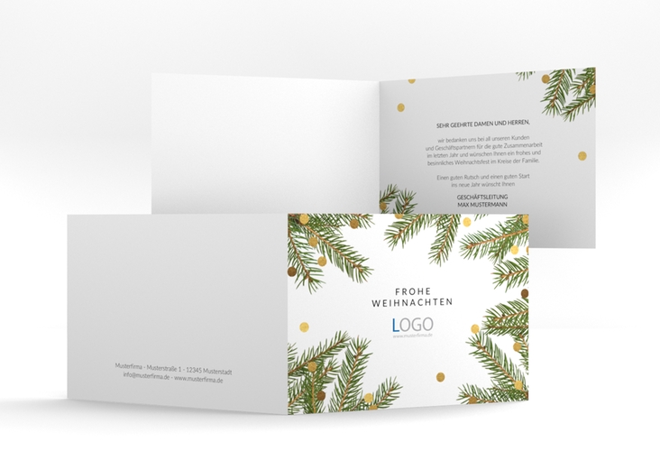 Geschäftliche Weihnachtskarte Tannenzweig A6 Klappkarte quer hochglanz mit Tannenzweigen und Logo