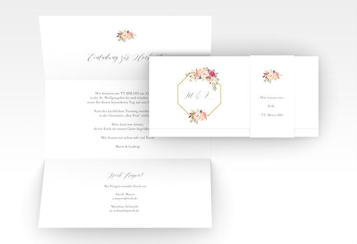 Hochzeitseinladung Prachtvoll Wickelfalzkarte + Banderole weiss