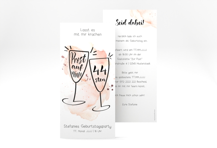 Einladung Geburtstag Sektgläser lange Karte hoch mit zwei Champagner-Gläsern auf Aquarell-Hintergrund