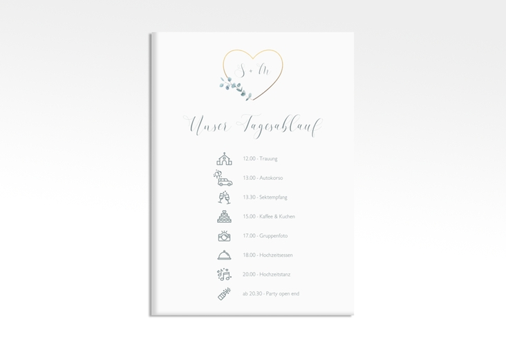 Tagesablauf Leinwand Hochzeit Greenheart 50 x 70 cm Leinwand gold mit elegantem Herz und Eukalyptus-Zweig